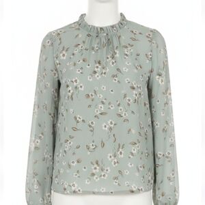 Shein Floral Chiffon Blouse Size Medium Ruffled Neck Sleeve Mint Fairy Whimsy